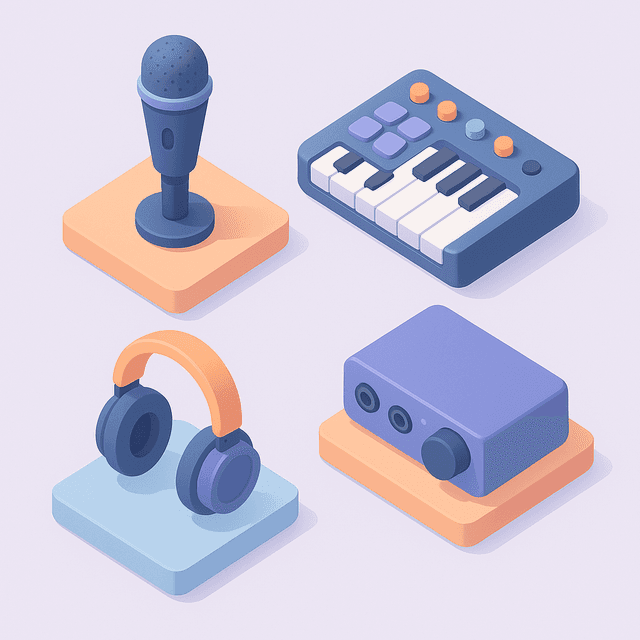 Marketplace studiového vybavení — syntezátory, mikrofony a audio gear